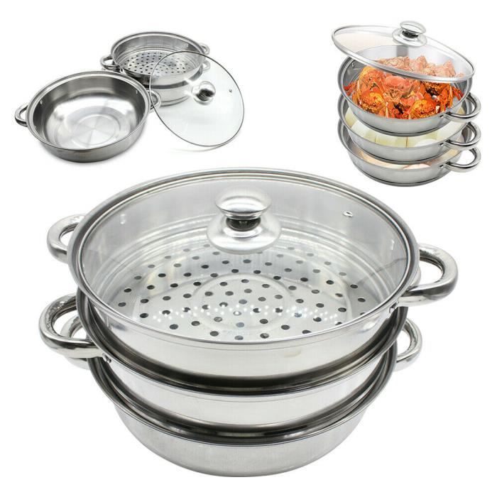 Cuiseur à vapeur en acier inoxydable Cuiseur à vapeur Couvercle en verre 27.3cm HOT POT 3Tier
