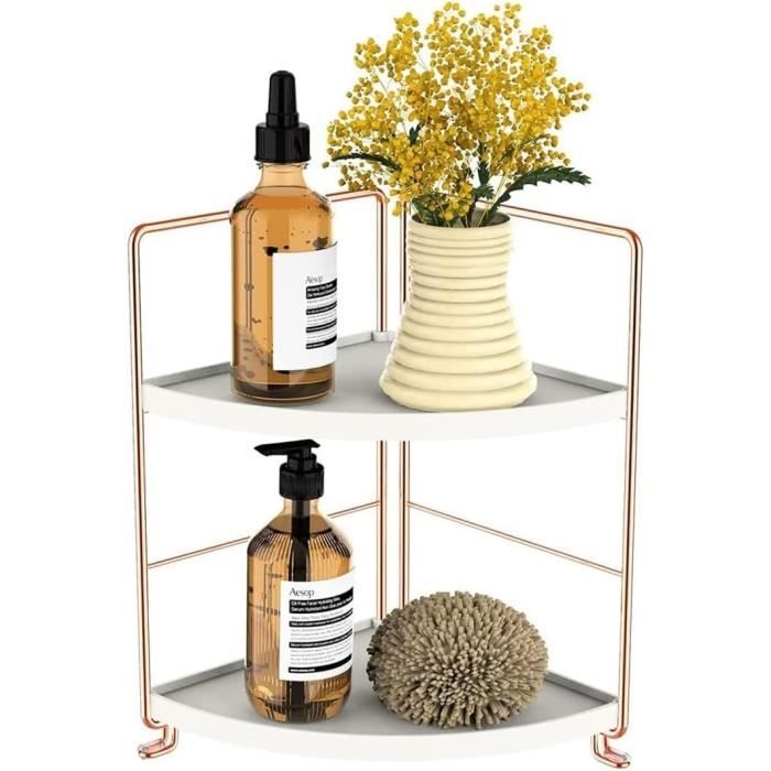 Organiseur D'angle 2 Niveaux Koksi Pour Salle De Bain Ou Cuisine - Blanc Et Or Rose, Rangement Maquillage Ou Produits