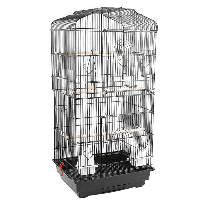 Volière Cage oiseau en métal avec 4 mangeoires 3 perchoirs et plateau amovible 46*36*93cm Volière Cage oiseau pour perroquet canari