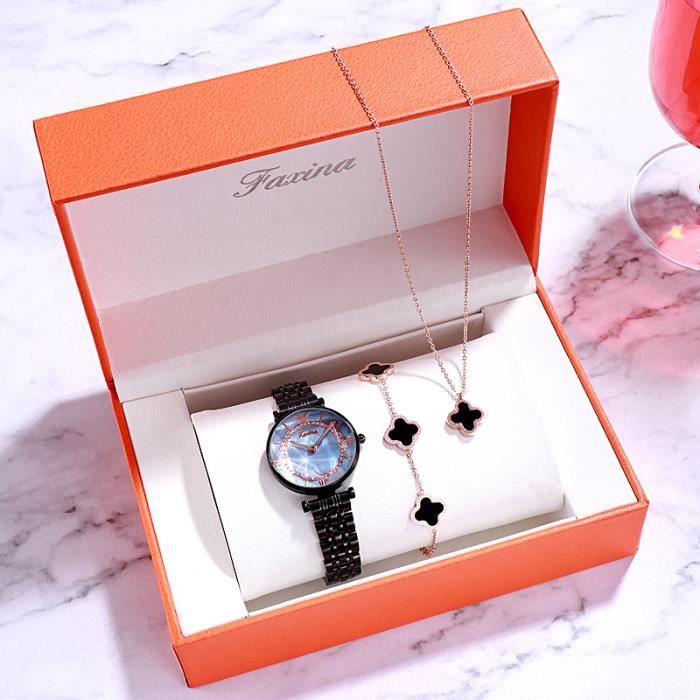 Coffret Cadeau Fille Ado Jeune Montre Femme Quartz Analogique Collier et Bracelet Mode Design Original Cadeau Noir