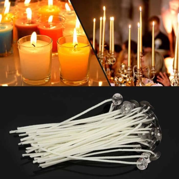 Kit Fabrication Bougies - 100 Mèches Coton 20cm, 100 Pastilles Adhésives, 10 Supports