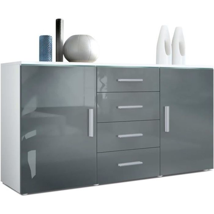 Vladon Buffet Commode Armoire Faro en Blanc mat Gris haute brillance
