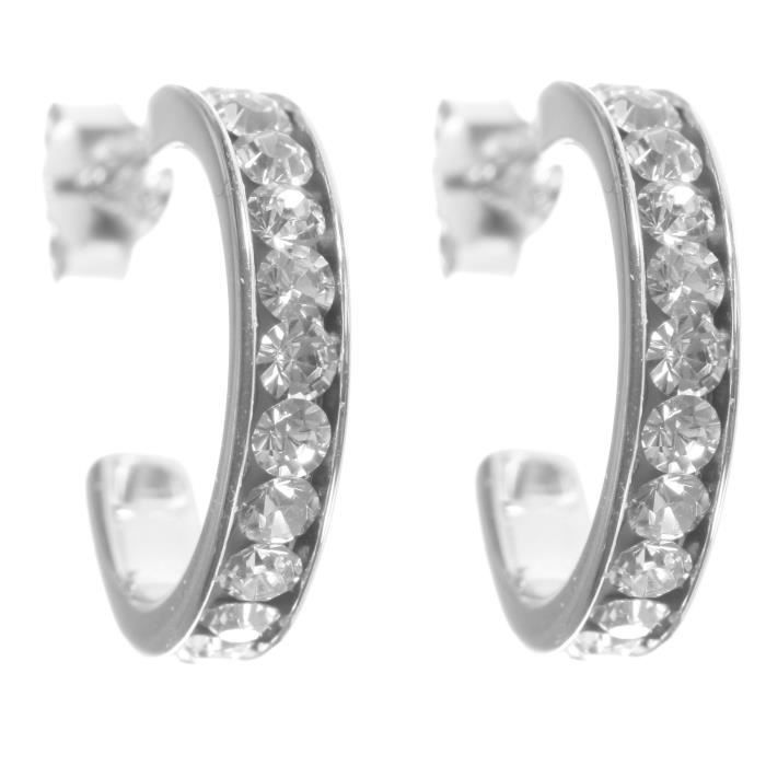 Boucles D'oreilles Femme Argent 925 Et Oxyde De Zirconium - Format 9mm X 9mm, Pierres Rondes