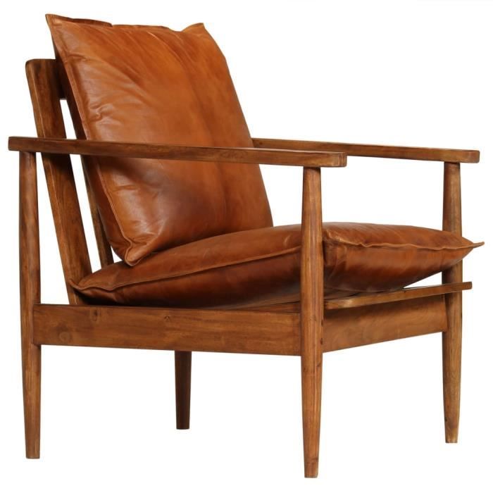 Fauteuil de Relaxation 3292BIM® - Marron - Cuir véritable - Bois dacacia - Vintage