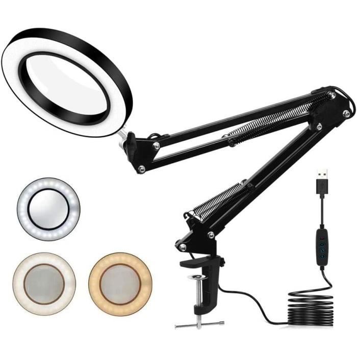 Lampe Loupe Avec Lumière LED Réglable - Grossissement 10X Et 20X - Col Flexible 360° - 3 Couleurs Et 10 Niveaux De Luminosité - 8