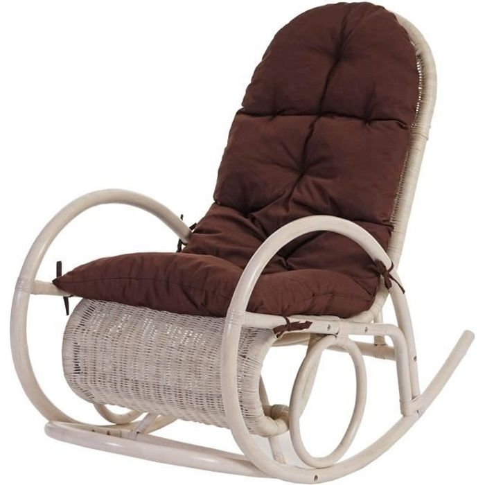 fauteuil à bascule esmeraldas, rocking-chair, fauteuil en rotin, blanc ~ rembourrage marron
