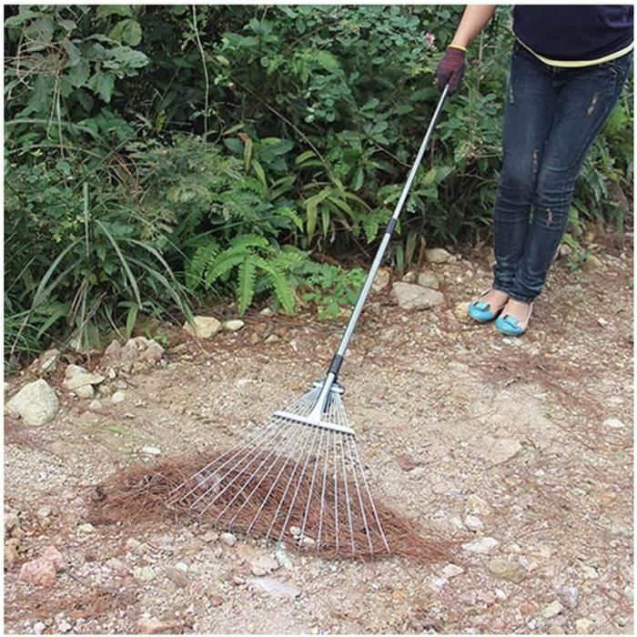 GOEDCH Râteau à Feuilles Métal 15 Dents Avec Manche Télescopique Jusqu'à 60 Cm – Balai Jardin Réglable, Poignée Acier + Gants Inclus, Outil Robuste Anti-Rouille