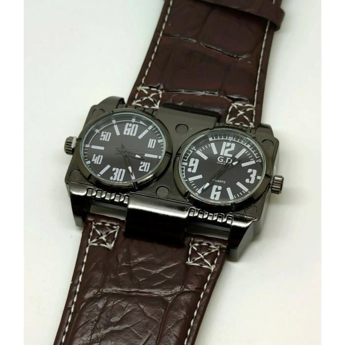 Montre Homme Double Fuseaux Noir Marron XXL Cuir  Only The Brave  Idée Cadeau