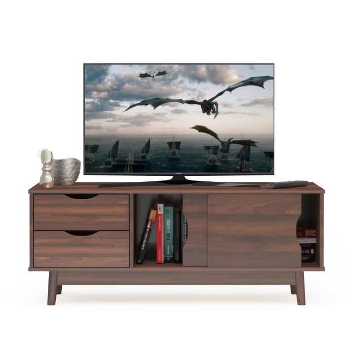 costway meuble/banc tv pour téléviseur jusqu'à 60" avec 2 tiroirs et 2 portes coulissantes, pour salon, chambre et bureau, marron