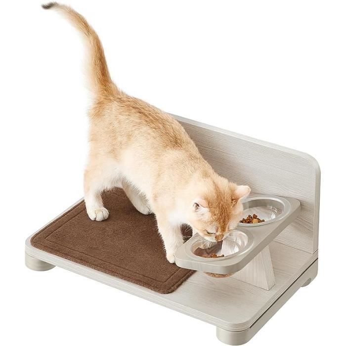 Meilleurs prix pour Gamelle Double Incliné Surélevé pour Chat, Tapis en Feutre Remplaçable et Lavable, Marron Avoine et Marron Café