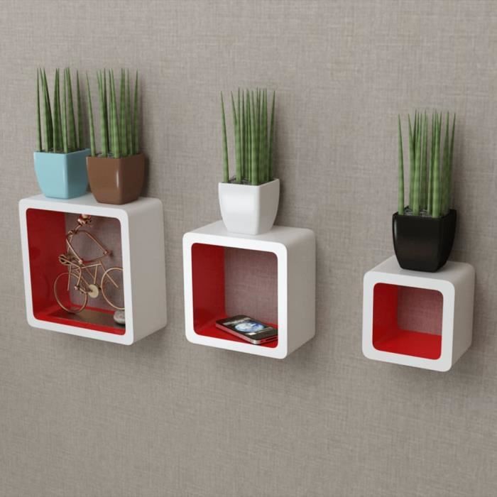 FIMEI 3 Etagères Cubes Murales et en MDF Blanc-Rouge pour Livres-DVD ...