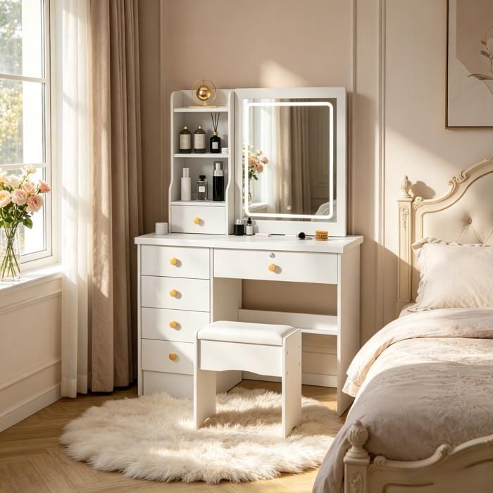 FLASIDU Coiffeuse avec Miroir et Tabouret Confortable Table de Maquillage Moderne 6 Tiroirs Blanc 80*36*132CM3 couleurs claires