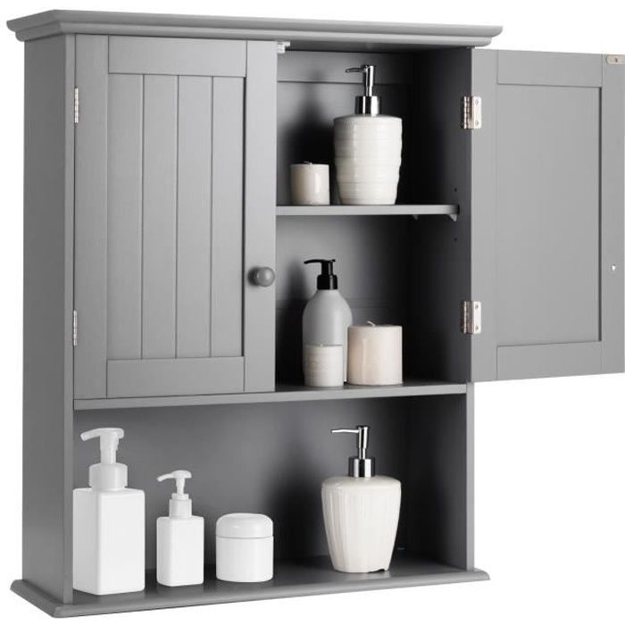 GIANTEX Armoire Murale de Salle de Bains à 3 NIveaux avec Étagère Intégrée Réglable en HauteurMeuble de Rangement à Double Porte