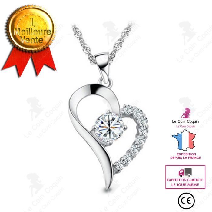 Collier Avec Pendentif Cœur En Argent 925 Plaqué - Orné De Brillants Et Strass - Longueur 45cm