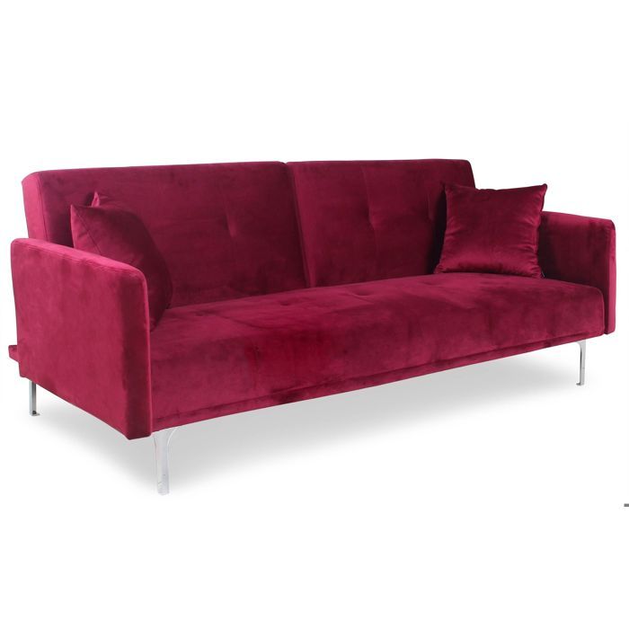 MENZZO Canapé convertible clic-clac 3 places Carla Velours Rouge -Canapé : L191 x P92 x H77 cmCanapé-lit : L191 x P102 x H37