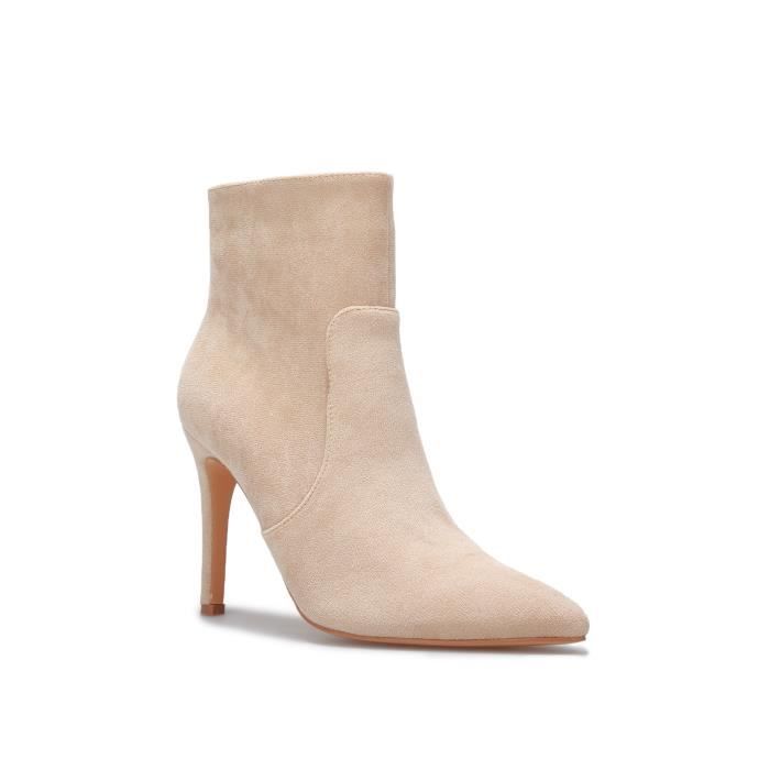 Bottines Femme - Suédine Beige - Talon Aiguille - Fermeture Zippée