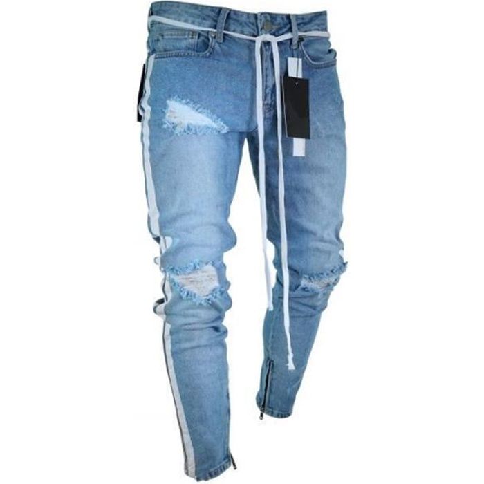 Jeans Homme Troue A La Mode Avec Bandes Laterale Coupe Slim Fit Pantalon Cigarette En Denim Effect Dechire Homme Bleu Clair Bleu Clair Cdiscount Pret A Porter