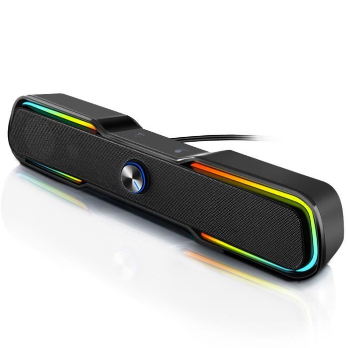 Gaming Enceinte PC RGB Bluetooth 10W Enceintes Stéréo 2.0 Haut-parleurs PC Barre de Son PC Gamer Volume Contrôle Alimentation USB Cable AUX 3,5 mm pour Smartphone Tablette Ordinateur de Bureau 