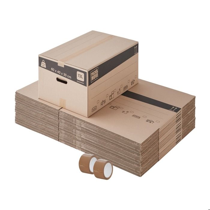 Lot de 40 cartons de déménagement avec poignées - 72L, charge max 15kg - made in France + 2 adhésifs offerts