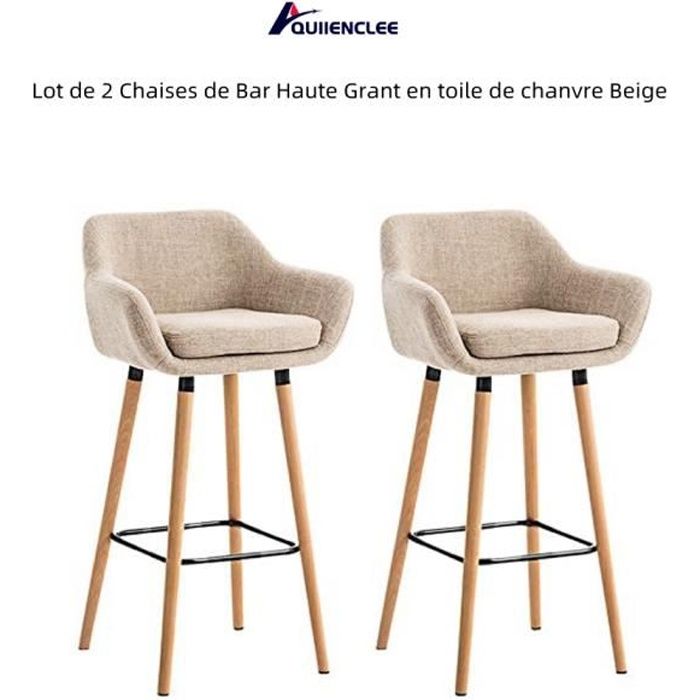QUIIENCLEE Lot de 2 Chaises de Bar Haute Grant en toile de chanvre Beige 55 x 45 x 104 cm