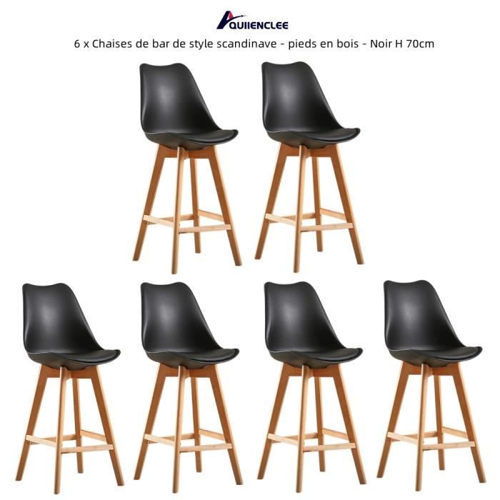 chaises de bar scandinaves quiienclee - lot de 6 - coque en pp + coussin en cuir + pieds en bois - noir h 70cm