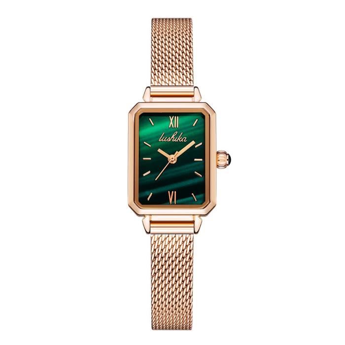 SHARPHY Montre femme quartz rétro cadran rectangulaire bracelet en acier étanche tempérament vert doré luxe
