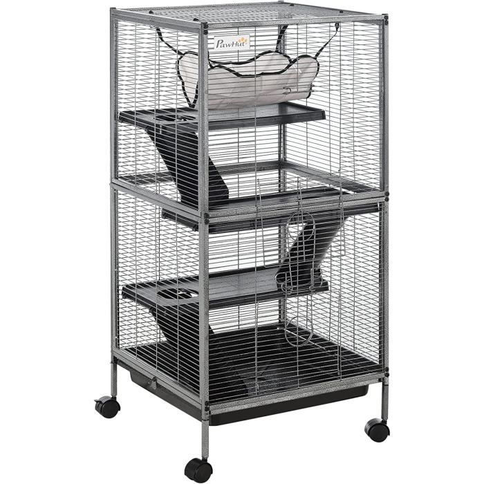 Comparer les prix de PawHut Cage pour Petits Animaux Portable avec 2 Portes Hamac Métal PP 52 x 52 x 113,5 cm Gris136