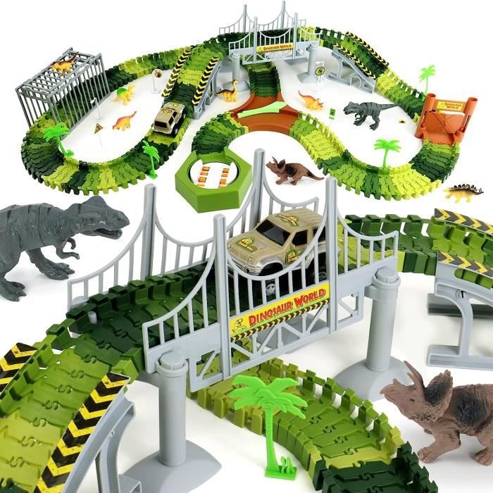 🦕 Circuit Train des Dinosaures en Bois 90 Pièces AC7558 – Locomotive Électrique, Montagne, Hélicoptère & Figurines – Circuit Jurassic Éducatif pour Enfants 3+ Ans