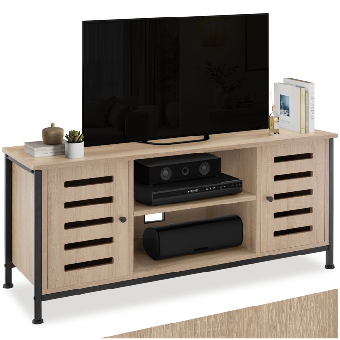 Meuble TV - TECTAKE - Meuble de salon CARLOW bois et acier 2 compartiments et porte magnétique 110 x 41 5 x 50 5 cm - Bois clair Meuble TV - TECTAKE - Meuble de salon CARLOW bois et acier 2 compartiments et porte magnétique 110 x 41 5 x 50 5 cm - Bois clair