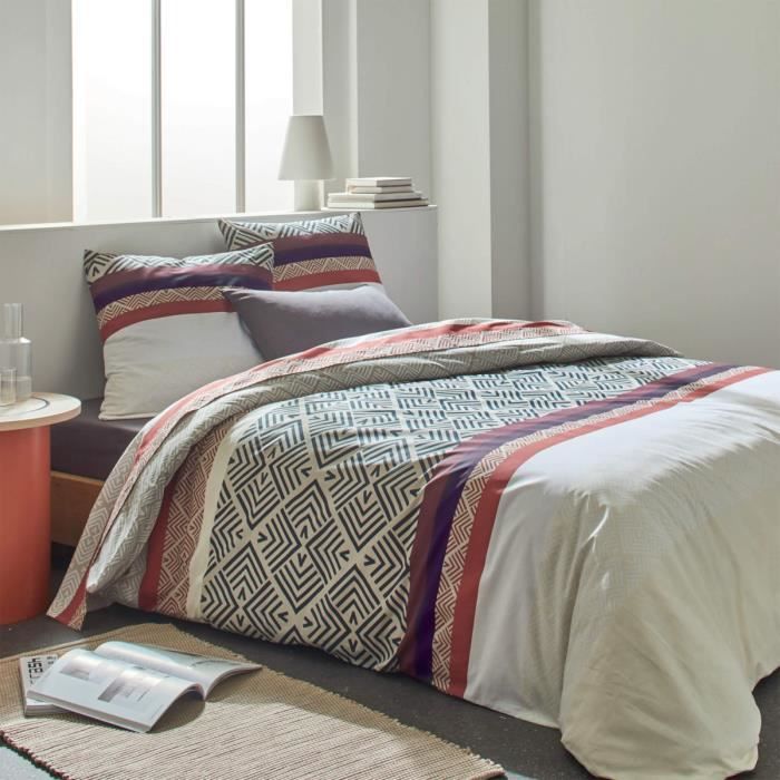 Parure De Lit Berbère 240x220 Cm - 100% Coton 57 Fils/cm² - Imprimé Ethnique Écru/Noir - Housse Couette + 2 Taies - 6
