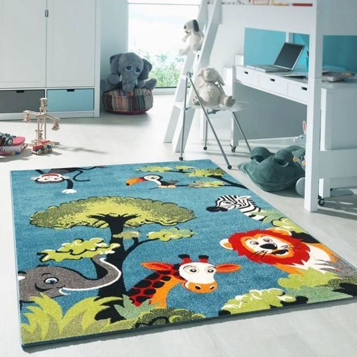 Unamourdetapis 140x140 Rond Tapis Chambre Enfant Solide Et Facile Entretien Kids Safari Bleu Tapis Enfant Animaux Rond Bleu Cdiscount Maison