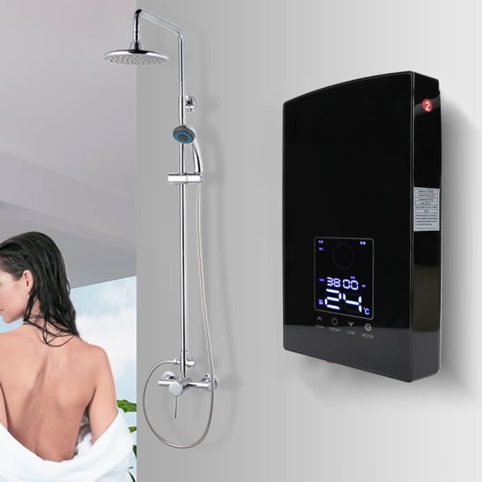 VGEBY chauffe-eau domestique Chauffe-eau électrique instantané à commande vocale mural pour salle de bain bain 220-240V (noir)