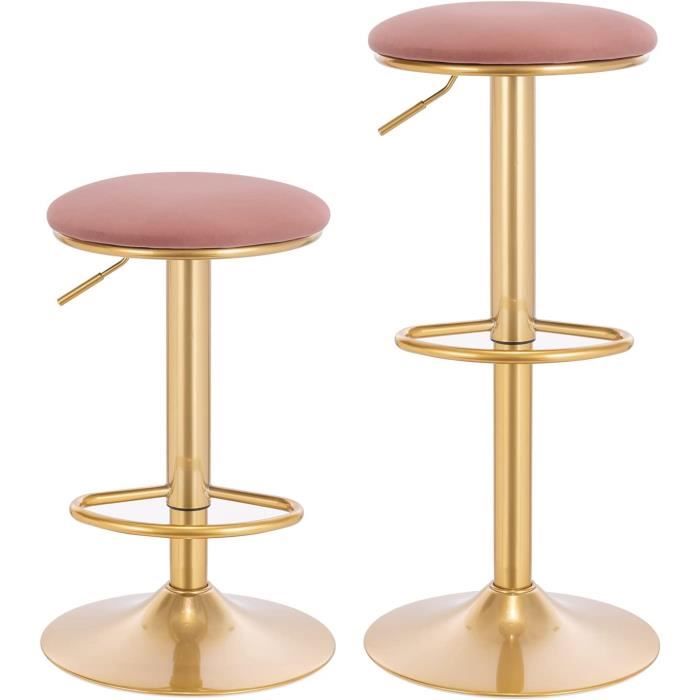 WOLTU Lot de 2 Tabouret de Bar avec Repose-Pieds - Tabouret Rond Haut Métallique Hauteur Réglable (61-82cm) - Rose + Or