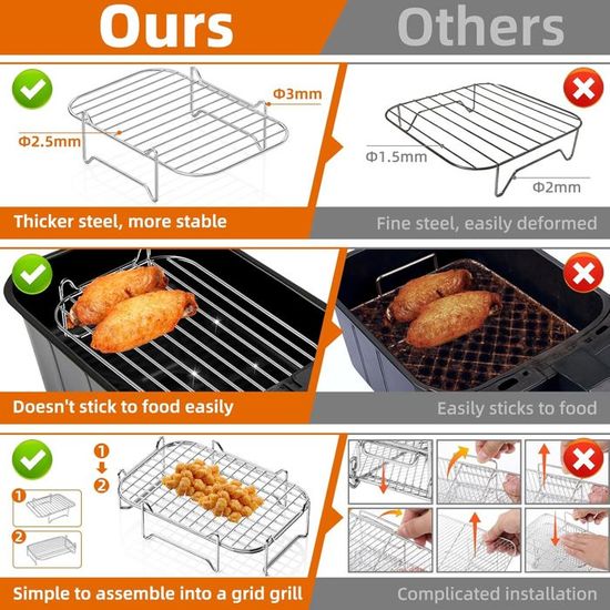 Grille de friteuse à air à double couche, grille de friteuse à air en acier inoxydable - Accessoires de friteuse à air à double couche avec brochettes - Support de grille