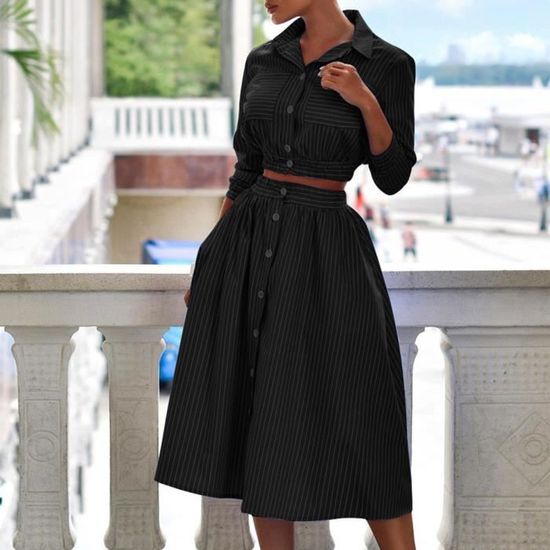JUPE Tailleur jupe 1 ensemble jupe chemisier a manches 34 a imprime populaire et imprime ample Black Cdiscount Pret a Porter