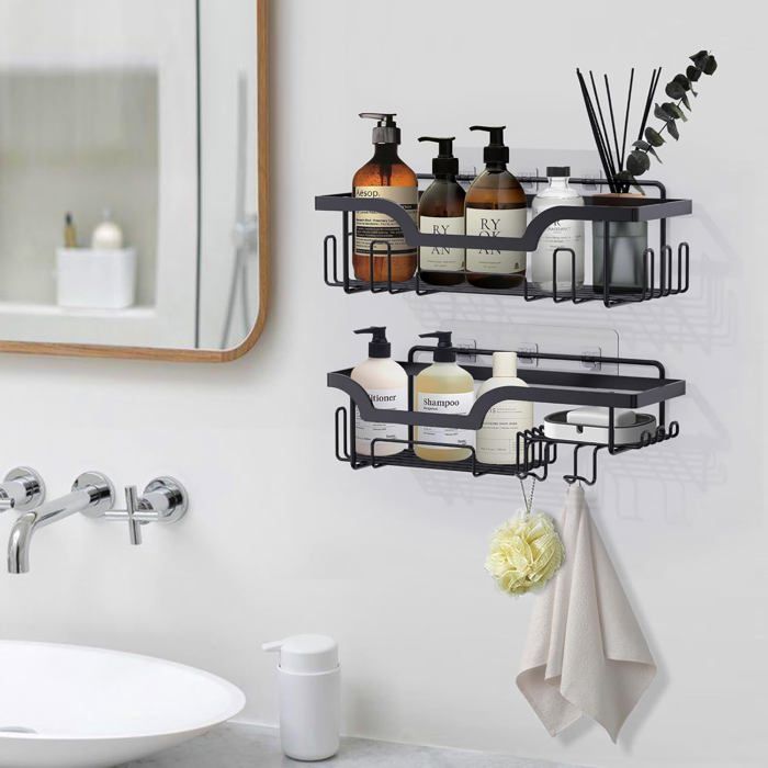 Etagère Douche Sans Percage D'Angle Etagere Salle de Bain Sans Percage 4 Pcs Noir Angle Étagère de Rangement Douche en Acier Inoxydable Accessoire