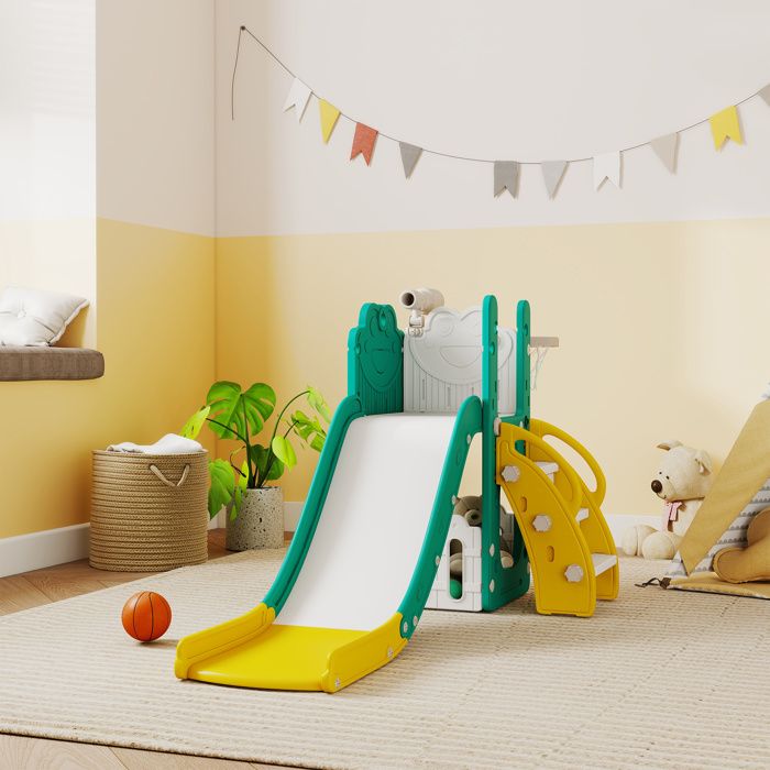 Toboggan Enfant 7 En 1 Avec Panier De Basket Et Cadre D'escalade - Jeu D'intérieur Et Extérieur - HDPE Résistant - Capacité 50 Kg - Modèle Elk Slide-Active