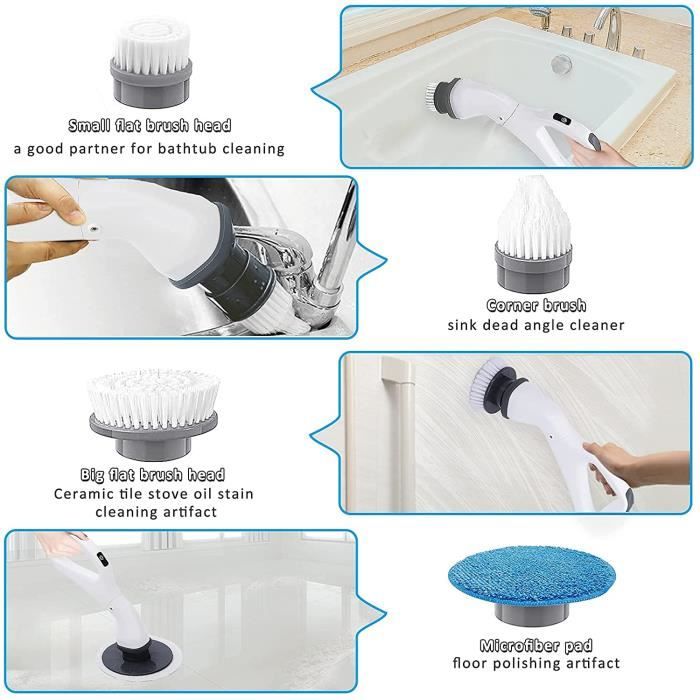 Brosse de nettoyage électrique sans fil pour salle de bain avec 4 têtes de  brosse de nettoyage de douche remplaçables pour mur, cuisinière, carrelage