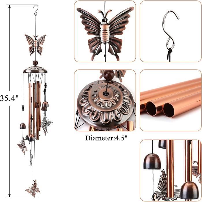 BSOMAM Carillon à vent en forme de papillon avec 4 tubes creux et 6 cloches  en métal pour décoration de jardin extérieure et intérieure : :  Jardin