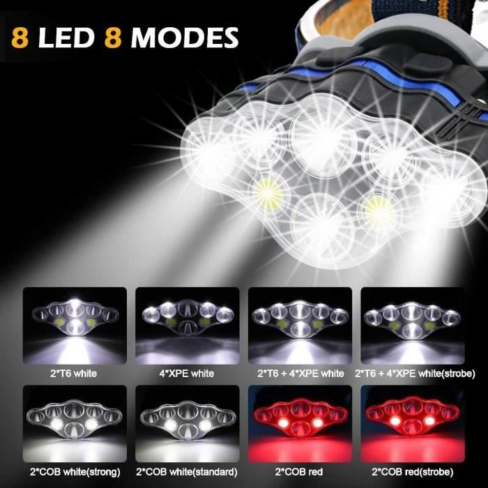 Lampe frontale Rechargeable, Super lumen 18000, 8 Modes d'éclairage LED
