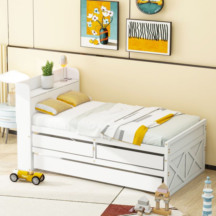 Lit En Bois Massif 90x190 Cm Avec Tête De Lit Rangement Et USB - Lit Gigogne Et Tiroirs, Multifonction