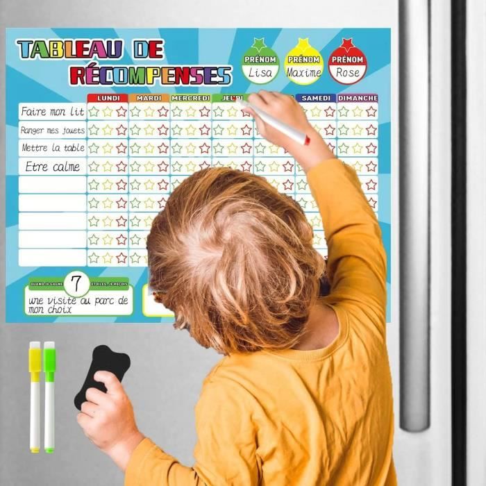 Tableau De Récompenses Magnétique Enfant – 3 Feutres Et Brosse – Motivation Bon Comportement – Français