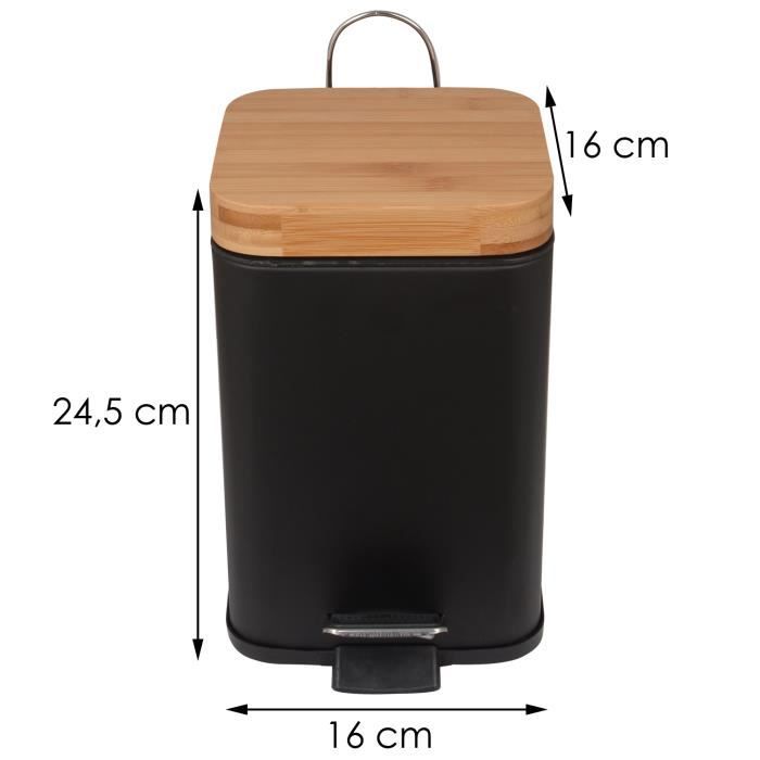 5Poubelle à pédale 'Soft' métal noir 3 litres - 24 cm - Pour la salle de  bain et les toilettes - Poubelle avec couvercle en bambou