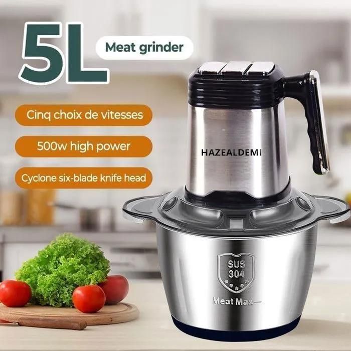 Hachoir électrique 500W - Bol 5L En Inox 304, 6 Lames, 5 Vitesses - Pour Viande, Légumes, Fruits Secs, Préparations Culinaires
