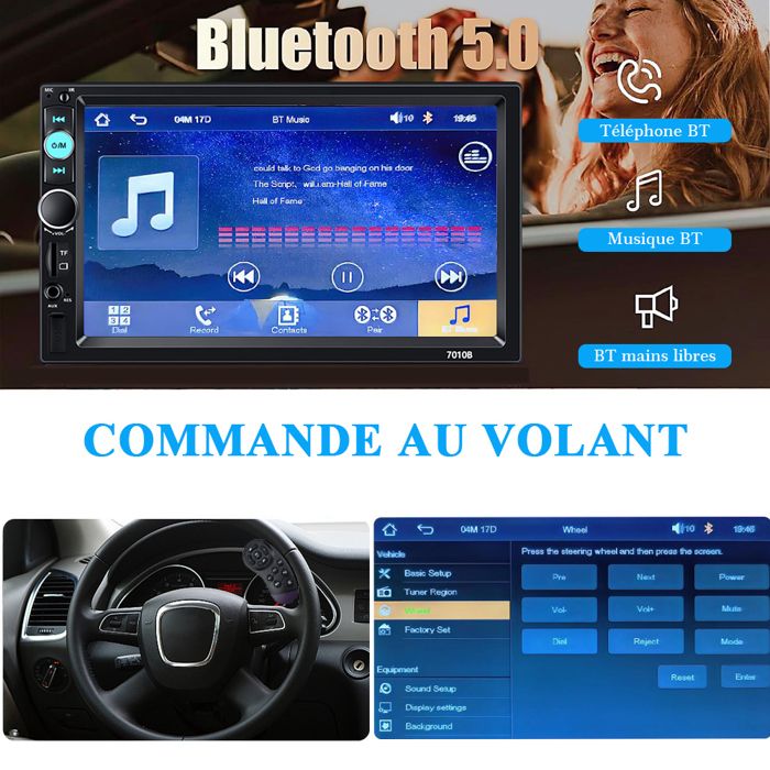 Autoradio Double Din 7" Bluetooth Hodozzy - Ecran Tactile, MP5, Caméra Recul, Commande Volant - Universel