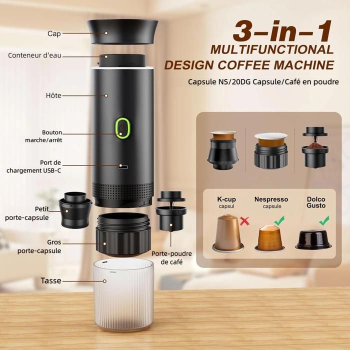 Cafetière Expresso Portable 20 Bars ALNOTEC - Rechargeable, Auto-Chauffante - Compatible NESPRESSO, Dolce Gusto & Café Moulu - Housse + Support
