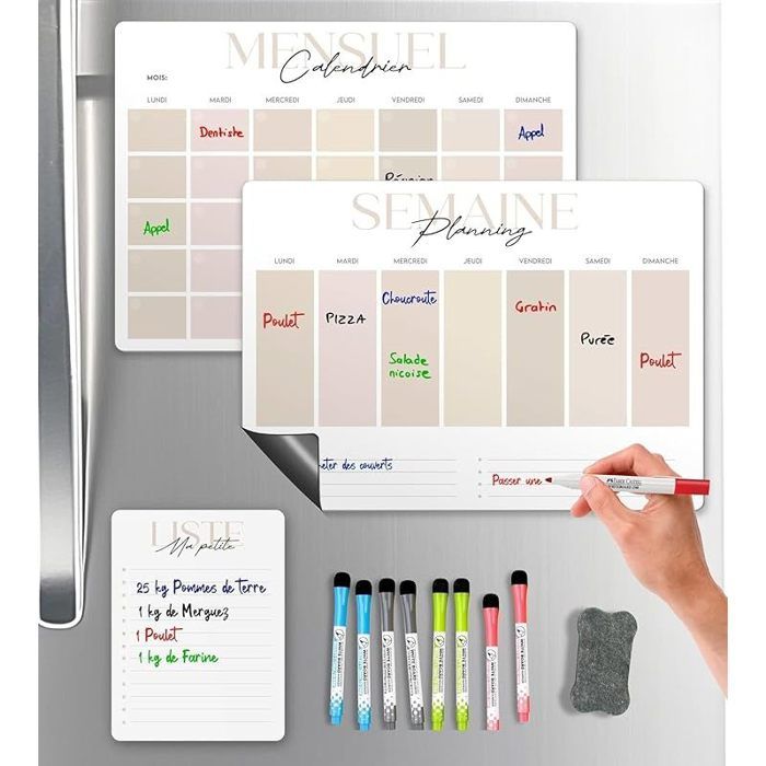 Previs Calendrier Magnetique Frigo A4 (21X29CM) avec 3 Marqueurs