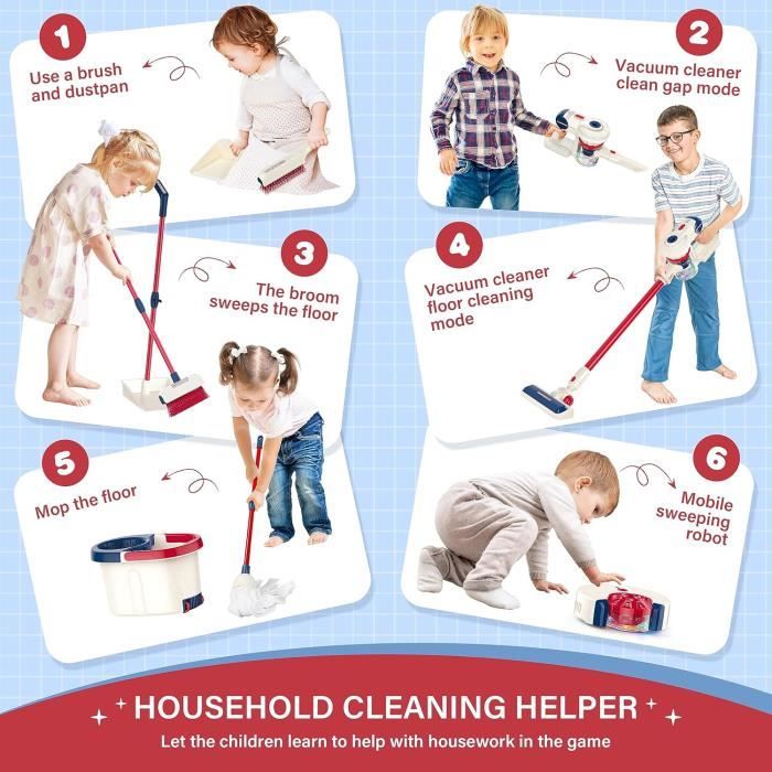 Ensemble de Jouets Aspirateur Électrique pour Enfants, Jeu de Rôle Simulation Nettoyage Domestique, Cadeau Éducatif pour 3-12 Ans