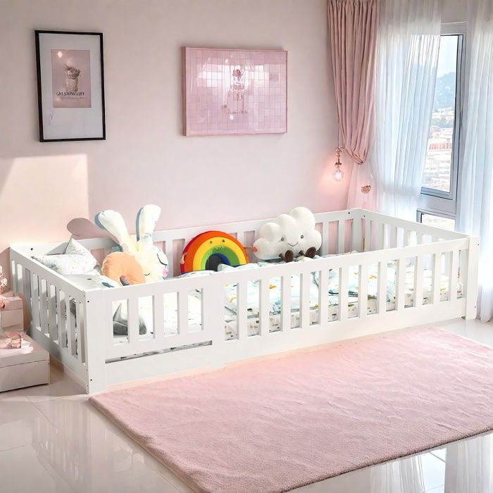 Lit Enfant Montessori Gustavo 90×200 Cm – Lit Au Sol Pin Massif Blanc Avec Barrières Sécurité