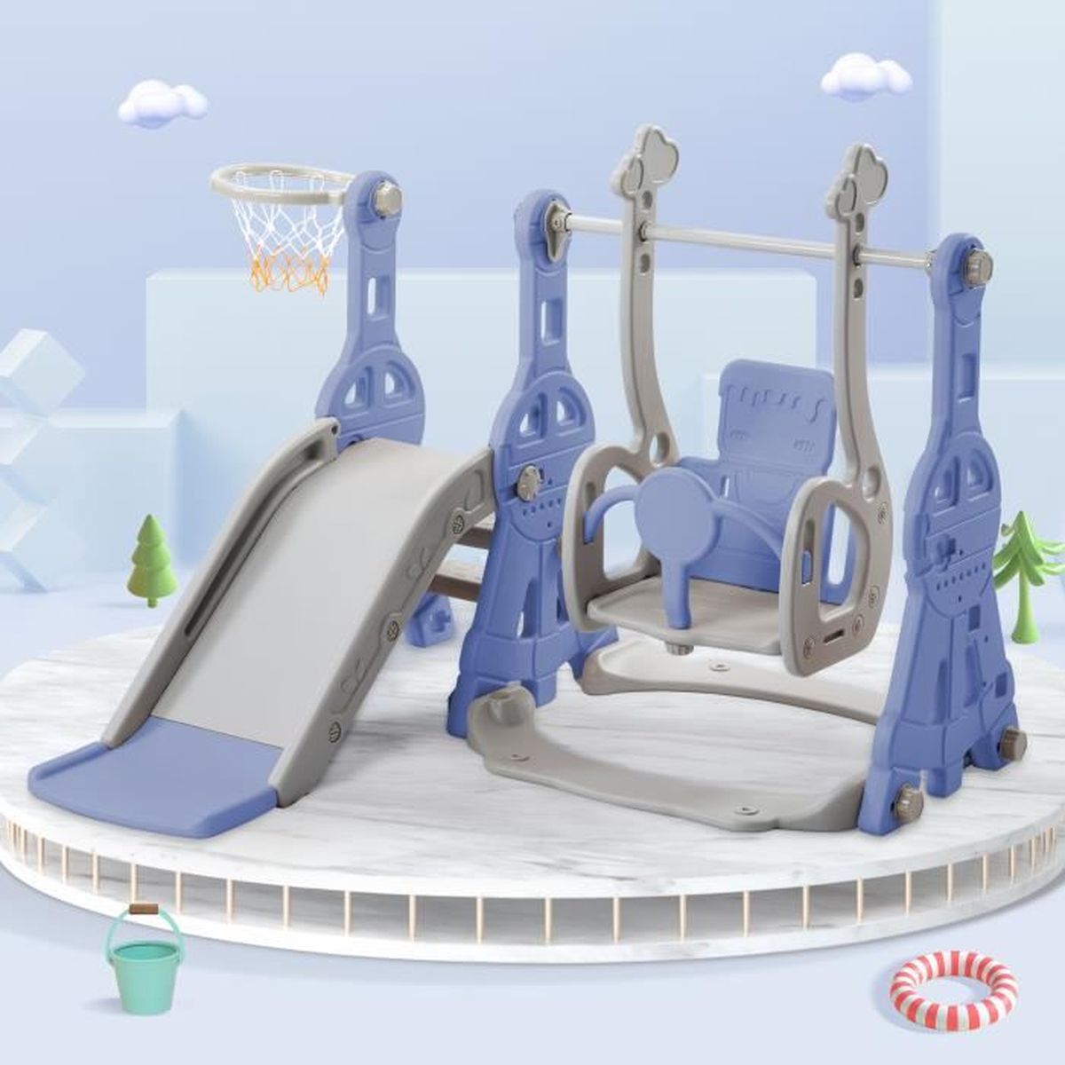 Toboggan 4 en 1,Balançoire avec Portique,Panier de Basketball, Echelle
